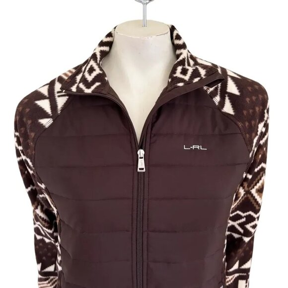RALPH LAUREN Full Zip Quilted Fleece Tribal Print Jacket in Brown Cream SZ LP - Picture 2 of 11